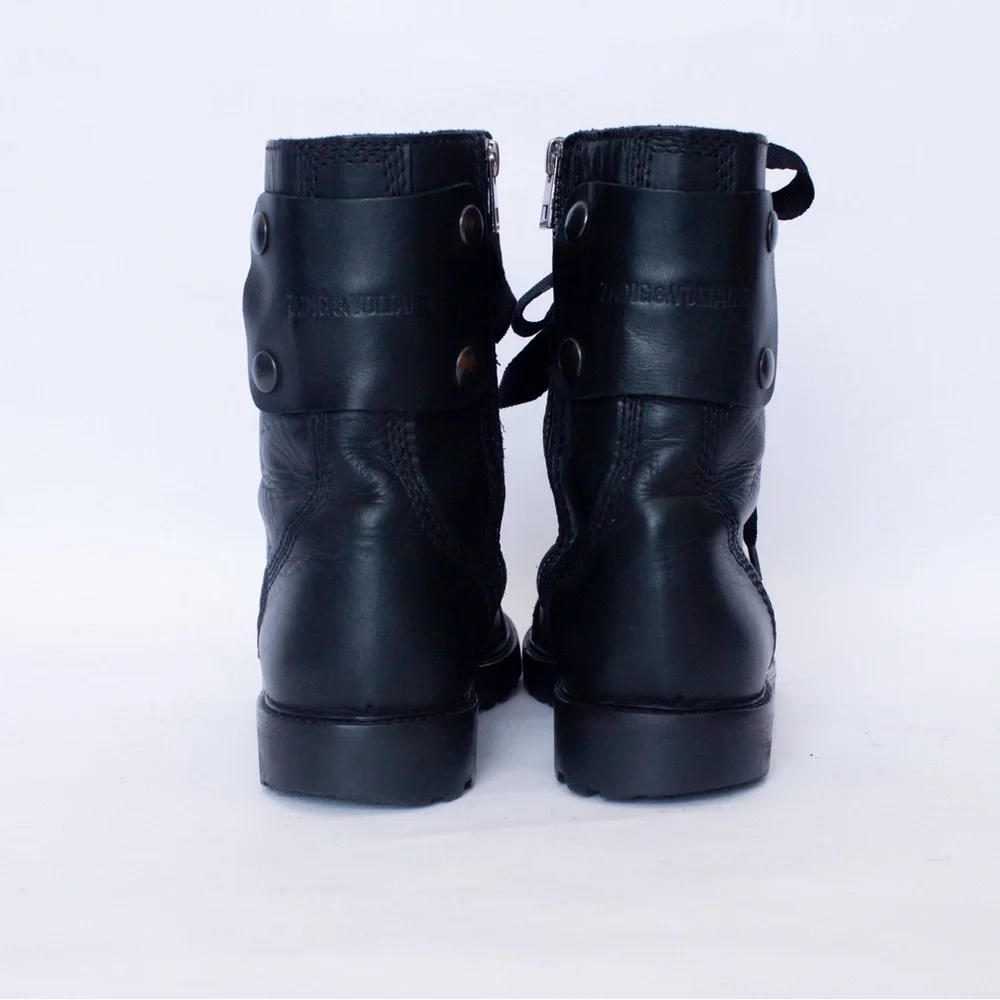 568$MRP Zadig & Voltaire Joe Boots Black Leather Lace Up Zip Logo Boots , Sz 38 - Picture 6 of 16